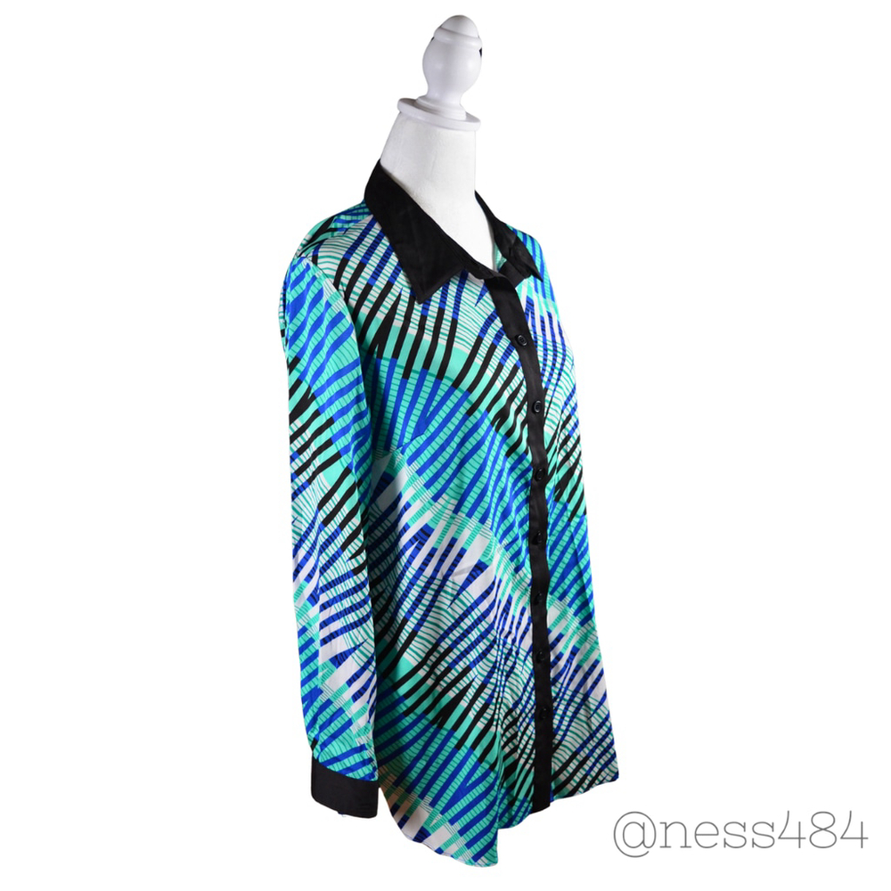 Bob Mackie Wearable Art Button Up Shirt Size S Blue Green Black Plaid Geometric